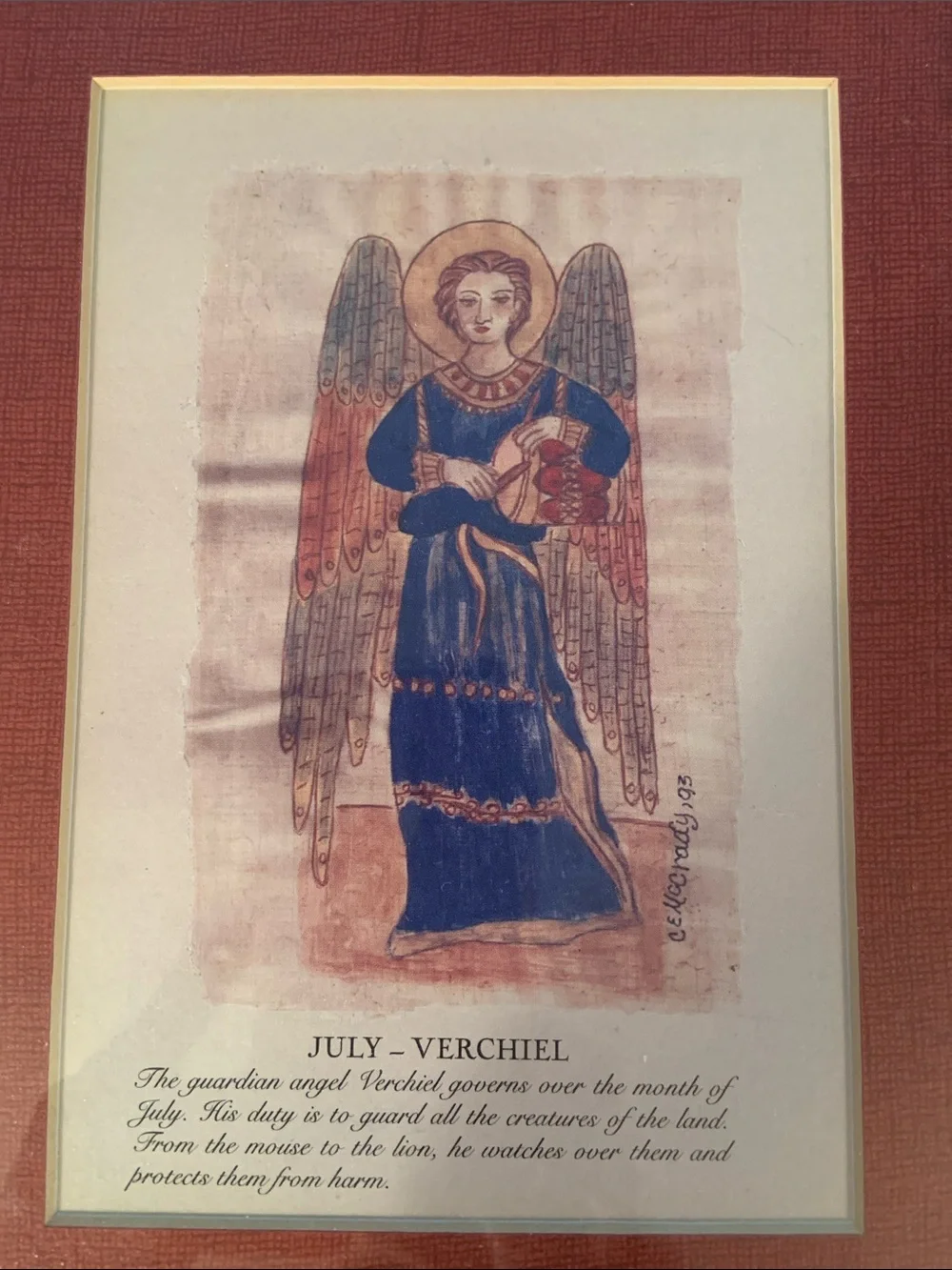 Carol McCrady Gold Framed Angel Art July Birthday Print with Red Mat